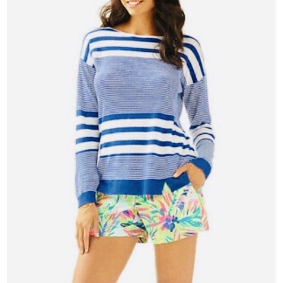 Lilly Pulitzer Camilla 100% Linen Top Size Small Blue Stripe Boatneck Sweater - Picture 1 of 11